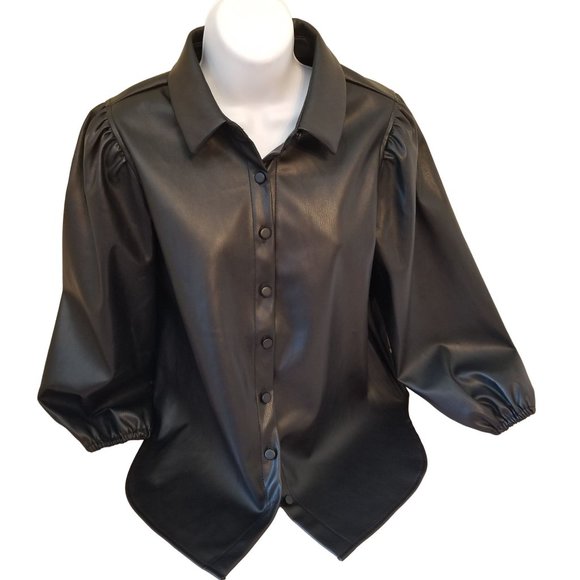 BCBGeneration S Black Faux Vegan Leather Top Blouse Button Front - Picture 12 of 12